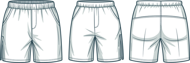 Cad drawing flat vector illustration of casual shorts with pockets, elastic waistband, front side back view, fashion apparel template