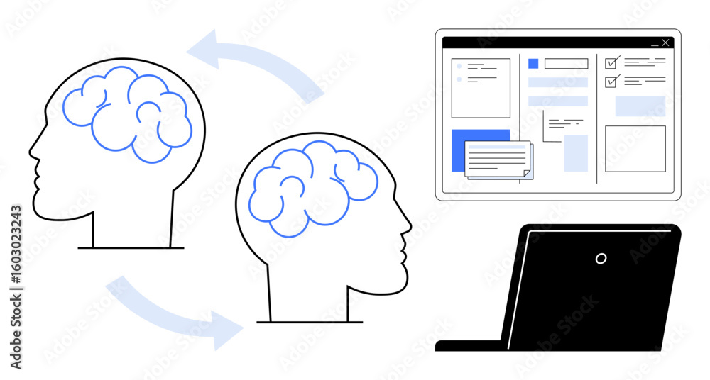 Poster two human brains interconnected with arrows alongside a laptop displaying a digital interface. ideal