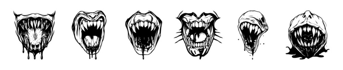 Fototapeta premium Monster Mouths: A Collection of Monochrome Line Art Illustrations