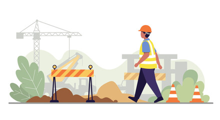 Construction worker walking through site with crane and safety equipme