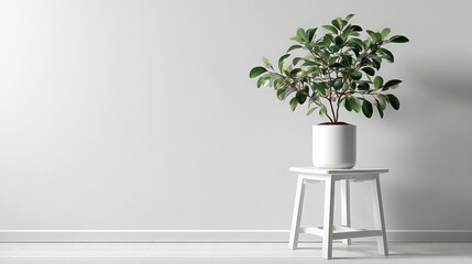 Potted Plant on Stool Against White Wall