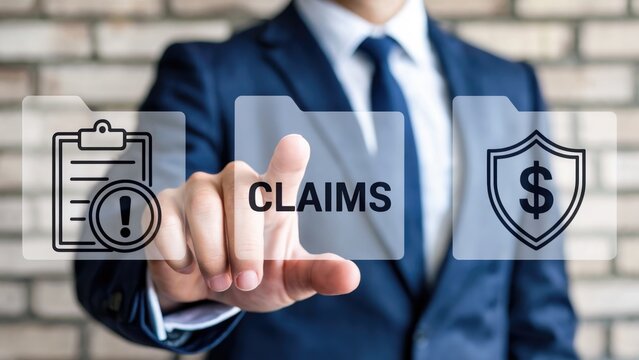 Professional businessman interacts with digital interface for claims processing and financial protection