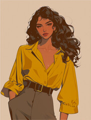 Illustration of a woman with dark wavy hair wearing a yellow blouse and grey pants with a brown belt