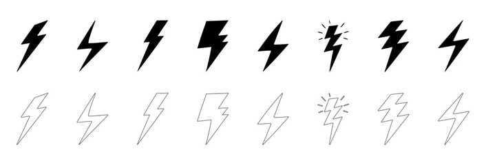 Lightning Bolt Icon Set: A versatile collection of  bold black and white line art lightning bolt illustrations, perfect for design projects.