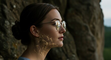 Womans Face Reflects Past and Present