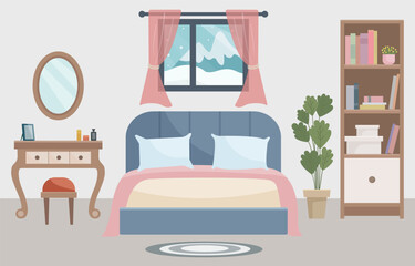 Warm and cozy bedroom with a comfortable bed, soft light lamp, window, dressing table and indoor plant. Winter interior. Interior concept. Ideal for websites, social media posts, blogs and interior 