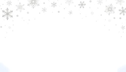 Delicate silver snowflakes falling from above on a clean white background
