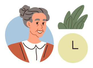 Elderly woman smiling with gray hair in a bun, surrounded by green leafy plant and circular clock. Ideal for aging, wellness, time, care, serenity, wisdom simplicity themes. Minimalistic flat