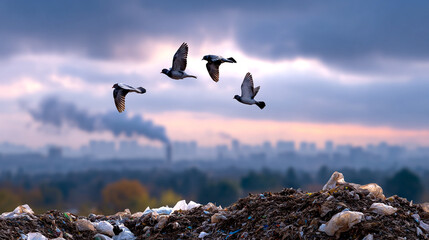 Pigeon Flying Over Landfill with Cityscape Pollution and Environmental Concerns