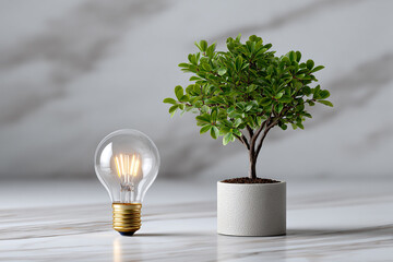 Sustainable Energy Concept with Light Bulb and Plant Growth on Marble Surface