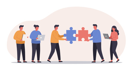 Collaborative teamwork concept with people connecting puzzle pieces