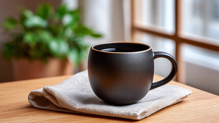 Black Coffee Cup on Wooden Table with Plant and Natural Light Still Life