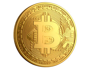 3D Gold Bitcoin Coin Icon with Engraved Details, Angled View, Transparent Background