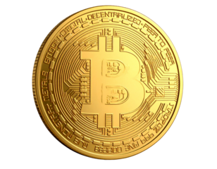 3D Gold Bitcoin Coin Icon with Engraved Details, Angled View, Transparent Background