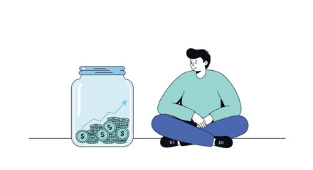 Minimalist illustration of saving money concept with person and jar of