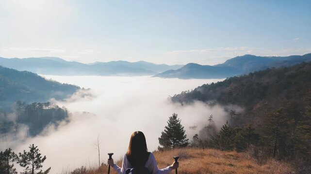 Woman Standing on Mountain Cliff Overlooking Misty Valley at Sunrise