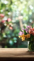 Colorful flowers in a vase on a wooden table.