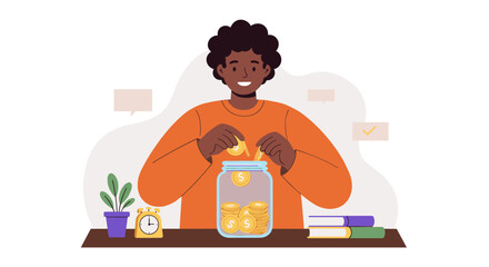 Smiling person saving money in a jar with books and a plant in a minim