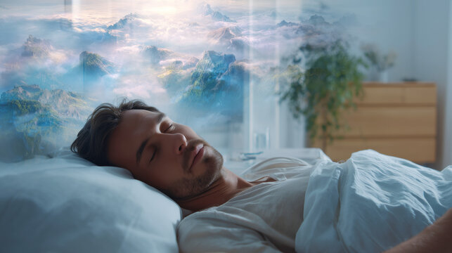 A person relaxes in a serene bedroom, deeply asleep and experiencing a dreamlike state. The environment suggests a connection between hypnosis and improved sleep quality.