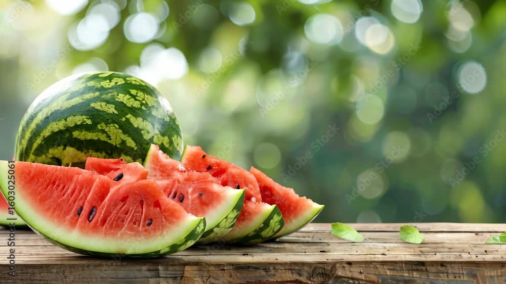 Poster fresh watermelon slices placed on a rustic wooden table surrounded by lush greenery create a refresh