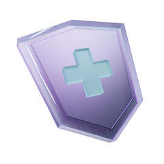 3D glass holographic shield with plus icon on isolated background. medical service protection emergency support symbol help health insurance. 3d render illustration