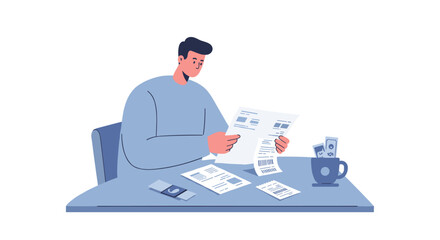 Man managing finances at desk with documents and currency in modern wo