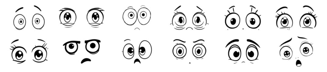 Eyes cartoon set with various expressions and emotive gazes displayed in simple designs featuring faces, emotions, feelings