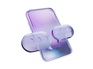 Glass holographic mobile phone with speech bubble technology talk message comment communication design on isolated background. 3d render illustration