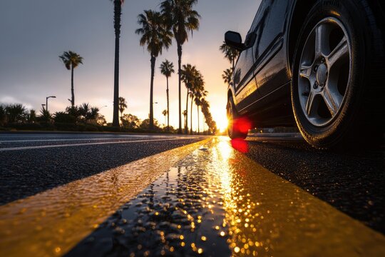 Sunset drive, wet asphalt - Powered by Adobe