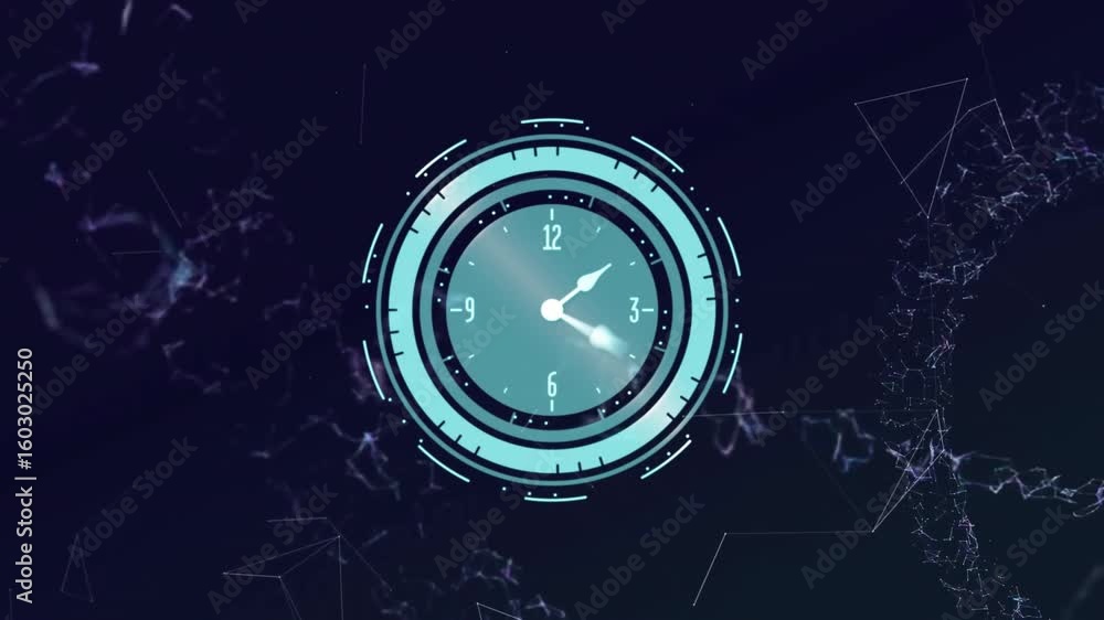 Poster opening rotating pointers causing ring and hands moving as particles swirl visualizing digital time