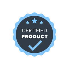 Certified Product Badge with Checkmark and Stars in Navy Blue Circle