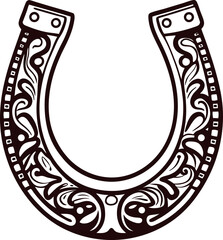 Ornate vintage horseshoe isolated on white background, decorative floral engraving, good luck symbol illustration