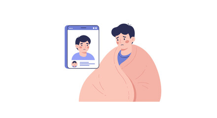 Sick teenager with smartphone video call on white background