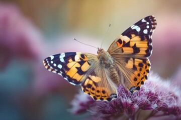 Naklejka premium Close-up of a painted lady butterfly on a flower.