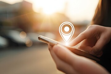Hands holding a phone, location pin