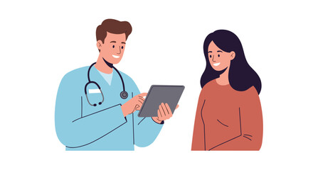 Friendly doctor consulting patient with digital tablet