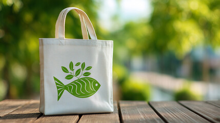 Stylish reusable eco bag featuring a green fish and leaf icon symbolizing eco conscious living and protection