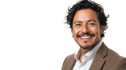 Happy Hispanic businessman with a friendly smile in a suit and white shirt, isolated on a transparent background. PNG