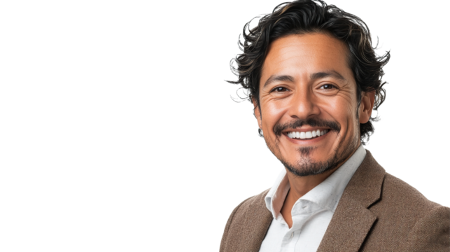 Happy Hispanic businessman with a friendly smile in a suit and white shirt, isolated on a transparent background. PNG