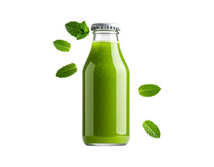 Floating bottle of green detox juice with a sleek glass design, droplets and fresh mint garnish visible, PNG