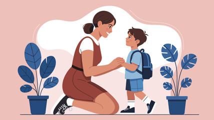 Heartwarming illustration of woman kneeling to support child with backpack, symbolizing parenting, school readiness, care, and emotional bonding