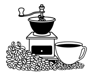 Vintage coffee grinder with beans and cup silhouette