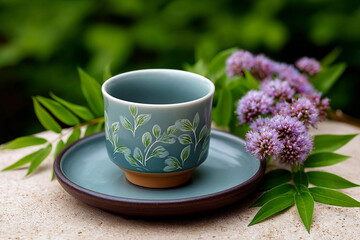 Ceramic Tea Cup and Saucer with Purple Flower and Green Leaf Still Life