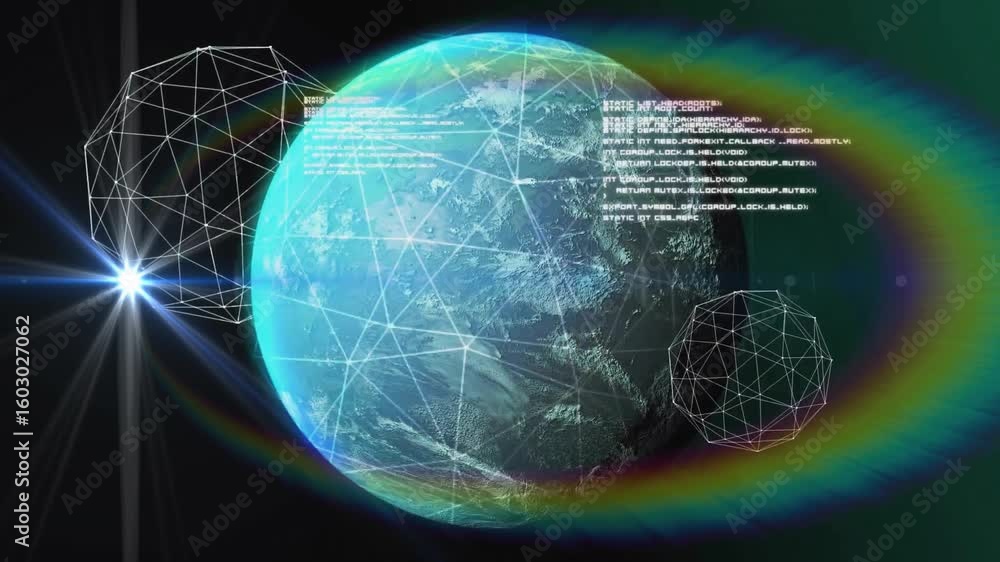 Aufkleber globe emerging with wireframes, rotating, code scrolling, flare growing halo showing network data