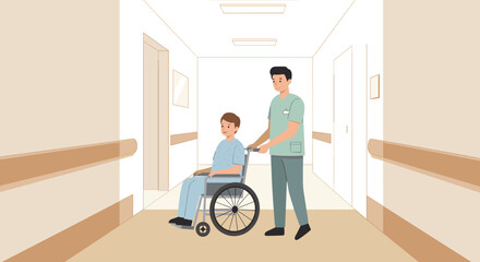 Healthcare worker assisting patient in wheelchair in hospital corridor