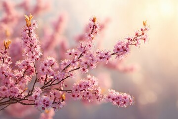 Obraz premium Delicate pink blossoms on branches in soft sunlight.