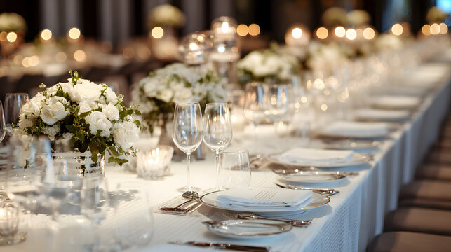 long elegant dining table set for gala dinner with elegantly arranged silverware minimalist decor and inviting atmosphere