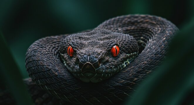 Menacing Bush Viper Stares Intensely with Fiery Red Eyes Coiled and Ready to Strike in the Jungle