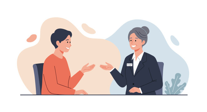 Professional conversation in a modern office setting with business att