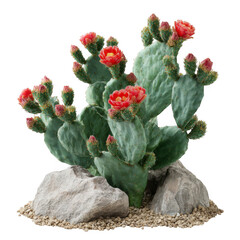 Prickly pear cactus with red flowers isolated on transparent background